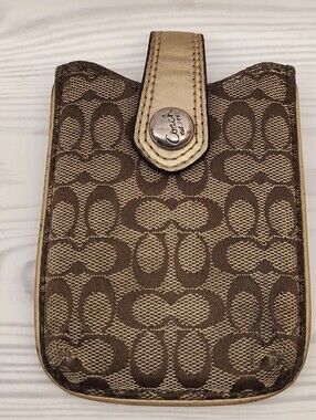 Coach Brown Signature Canvas Card Holder w/ Gold Trim